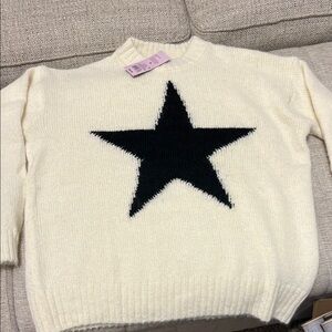 Cream and Black Crew Neck Sweater with Star Design